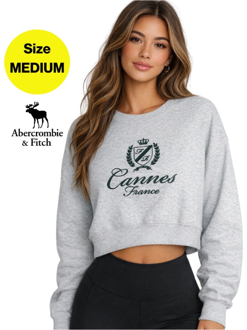 2/for $20 🪩 ABERCROMBIE & Fitch Gray Cropped 'Cannes' Logo Sweatshirt (Medium)